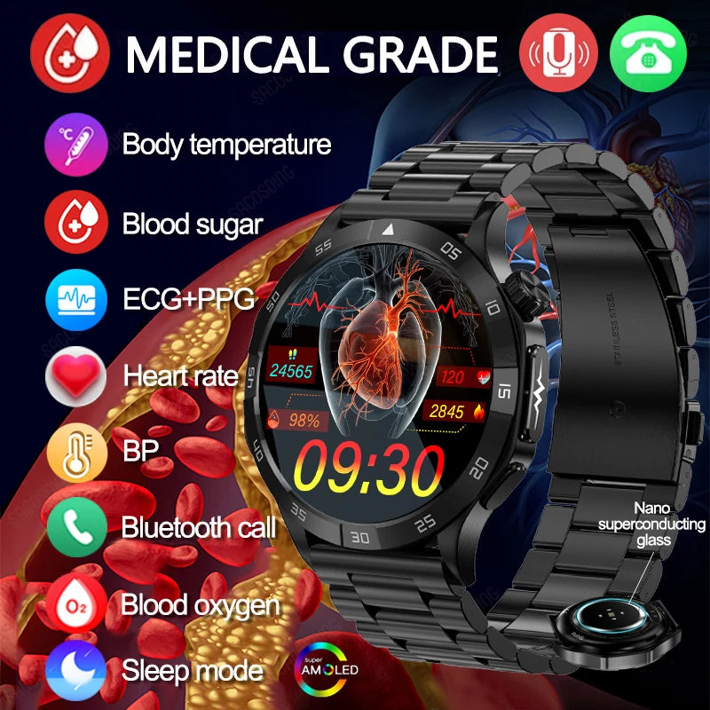 Blood Sugar Smart Watch Blood Lipid Uric Acid Health Monitor Sport Watch Smart ECG+PPG HD Bluetooth Call AI Voice Smartwatch SOS