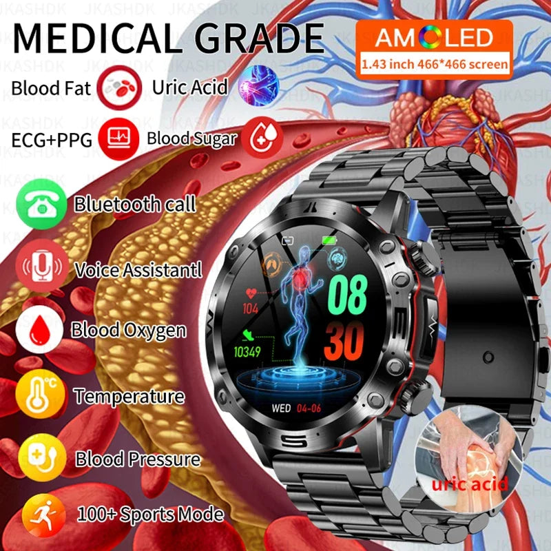 2024 AI Medical Diagnosis Smart Watch Bluetooth Call Blood Sugar Blood Lipid Uric Acid Monitor HRV ECG Smartwatch For Men Women - M atlas