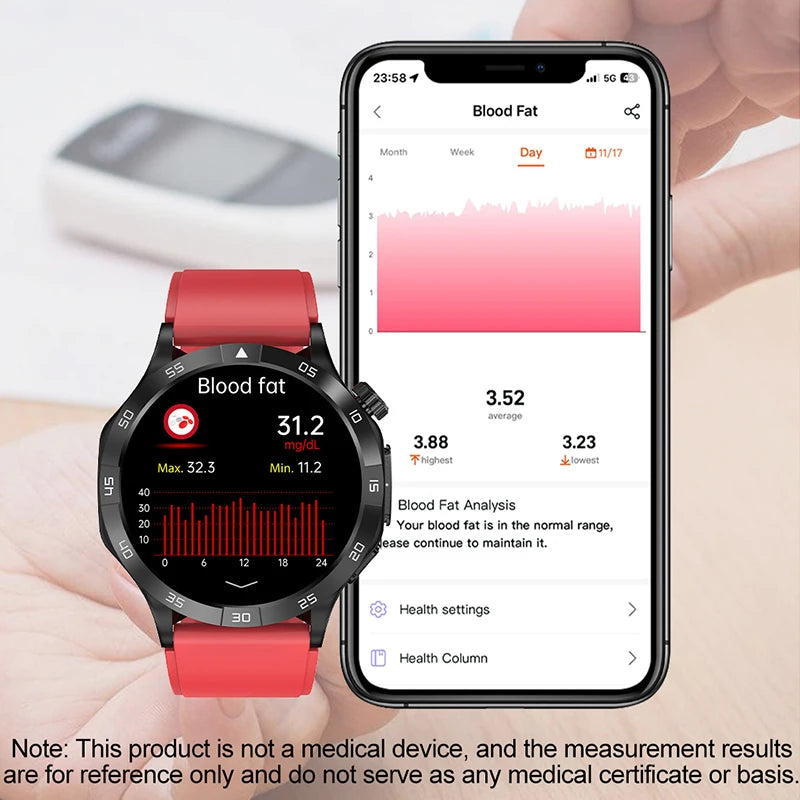 Blood Sugar Smart Watch Health Blood Lipid Uric Acid Monitor Sport Watch Smart ECG+PPG HD Bluetooth Call AI Voice Smartwatch SOS
